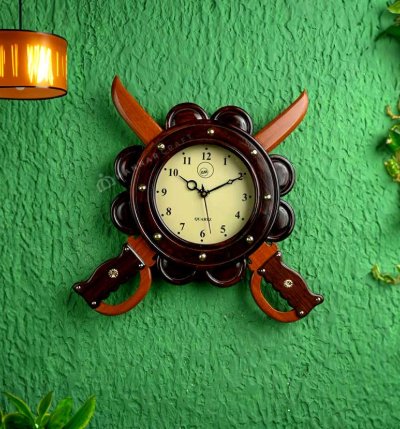 Handcrafted Wooden Wall Clock - Sword & Guard - Rose Wood
