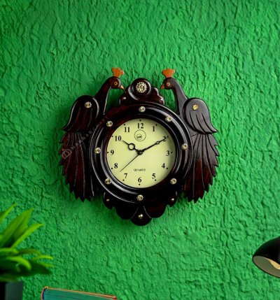 Handcrafted Wooden Wall Clock - Peacock Model - Rose Wood