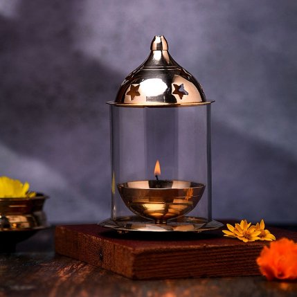 Akhand Diya, Brass Oil Lamp with Glass Cover without knob for Pooja