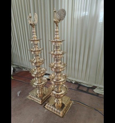 Handmade Brass Deepasthambham Peacock Model (5 Feet) - Traditional South Indian Lamp for Home, Temple, and Décor | Brass Sculpture