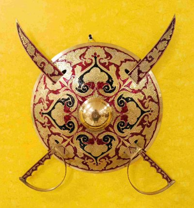Vintage Style Brass Sword and Shield Wall Mount Display | Multicolor Decorative Showpiece for Home Décor