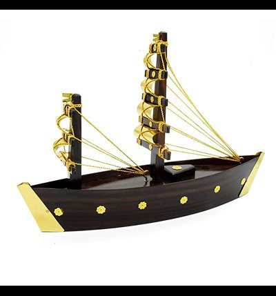 Decorative Wooden Ship Miniature with Brass Elements | Elegant Home Decor & Gift Piece