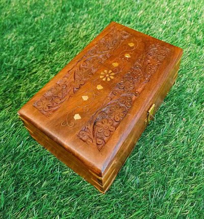 Rectangular Wooden Jewellery Box with Hand Carvings - Handmade Decorative Keepsake Storage Organizer for Multipurpose Use