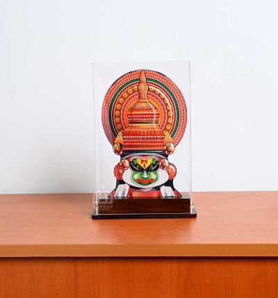 Elegant Printed Kathakali Face in Glass Case – 24cm Handcrafted Kerala Art Memento for Home Decor & Gifting | Traditional Wooden Showpiece by Mannar C