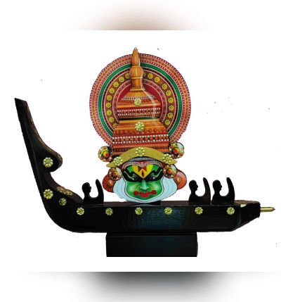 Handcrafted Wooden Boat with Printed Kathakali and Boatmen – Traditional Kerala Décor Showpiece by Mannar Craft