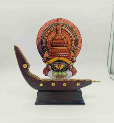 Handcrafted Printed Kathakali Mask with Wooden Boat | Kerala Handicrafts | Traditional Kathakali Face Décor - model 1