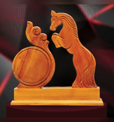 Premium Mahogany Wood Memento with Standing Horse – 30 cm Handcrafted Wooden Sculpture | Award Trophy & Decorative Gift by Mannar Craft