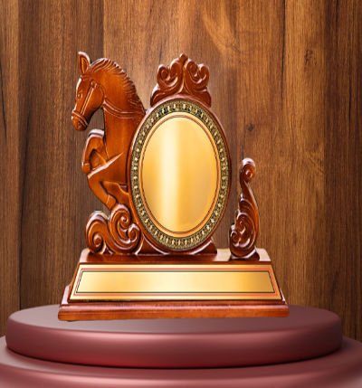 Premium Mahogany Wood Kuthira Memento – 31 cm Handcrafted Wooden Horse Trophy | Traditional Kerala Decor & Cultural Gift by Mannar Craft