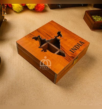India Themed Wooden Spice Box with Spices –  Handmade Masala Dabba with Compartments | India Map Wooden Kitchen Organizer & Gift Set