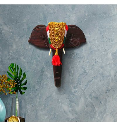 Elephant Head Wall Hanging with Nettipattam - Wall Decor for Home and Office - Rosewood 