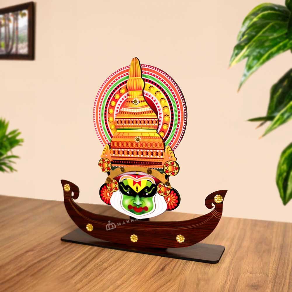 Printed Kathakali Face On Boat Stand - MDF Table Decor 