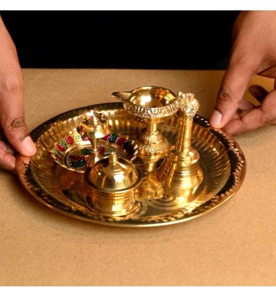Brass Pooja Thali Set – 5 Piece set - Handcrafted Brass Thali for Daily Worship, Temple & Festivals