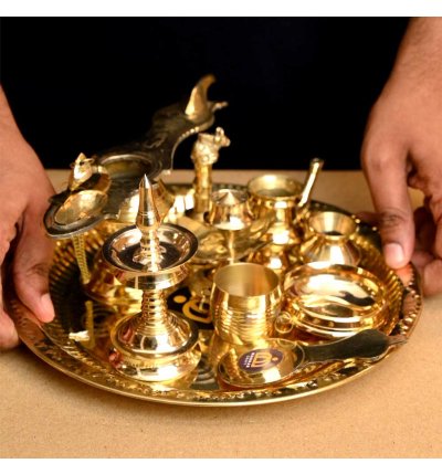 Brass Pooja Thali Set – 10 Piece Traditional Puja Plate with Ashtamangalya Vilakku, Nilavilakku, Bell, Uruli, Kindi, Lota & Accessories