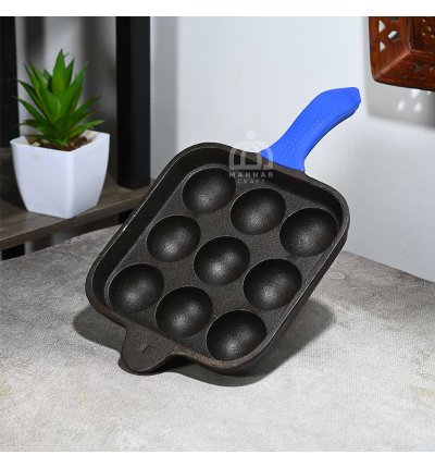 Pre-Seasoned Cast Iron Square Paniyaram Pan | 9 Pit Mould with Long Handle & Silicone Grips – Pure & Toxin-Free
