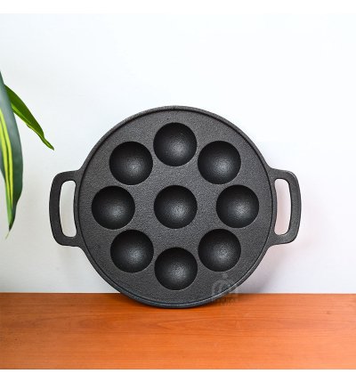 Pre-Seasoned Smooth Cast Iron Paniyaram Pan (9 Mould) | Appam Maker / Kuzhi Paniyaram Patra | Flat Base Non-Stick Pan