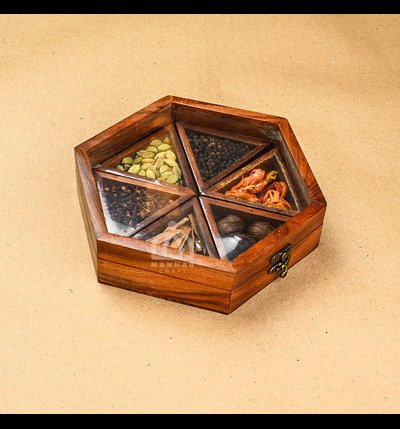 Hexagonal Wooden Spice Box with Spices | Handcrafted Masala Dabba for Kitchen Storage