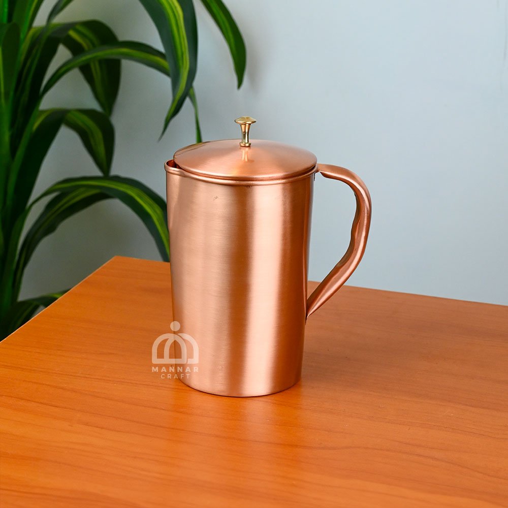 Premium Pure Copper Jug with Brass Knob – 1.5 Litre Ayurvedic Water Jar | Handcrafted Pitcher by Mannar Craft
