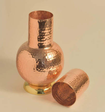 Pure Copper Surahi Design Bedroom Water Bottle with Inbuilt Glass | Ayurvedic Drinkware by Mannar Craft