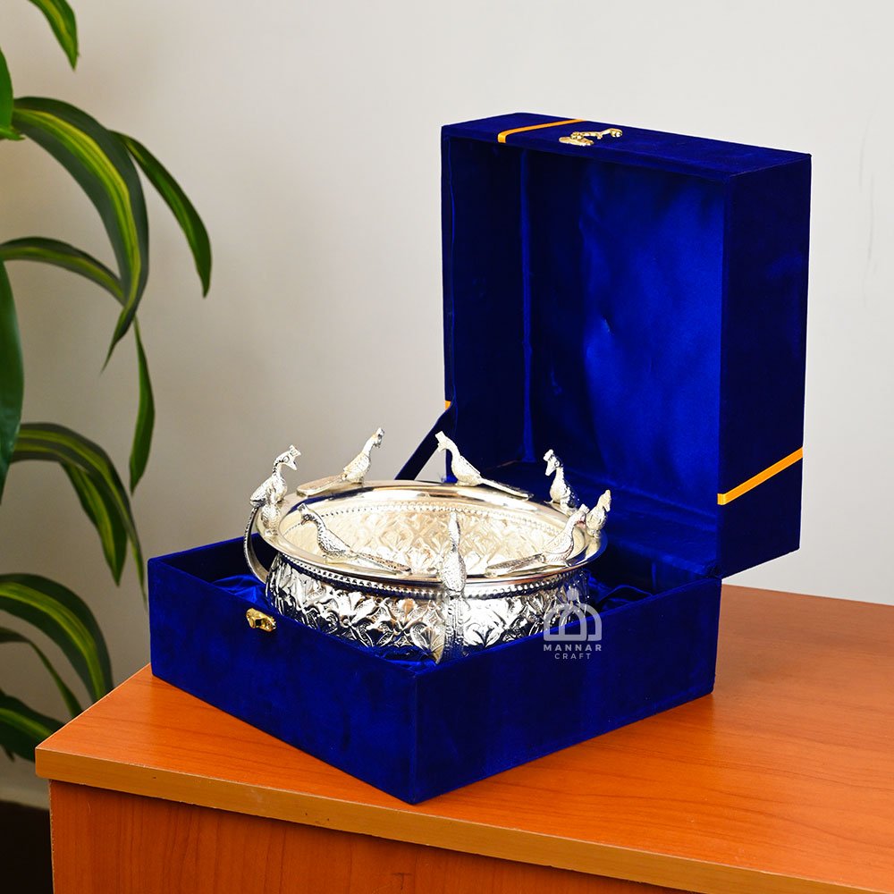 Brass Silver Coated Uruli with Peacock Design in Velvet Box