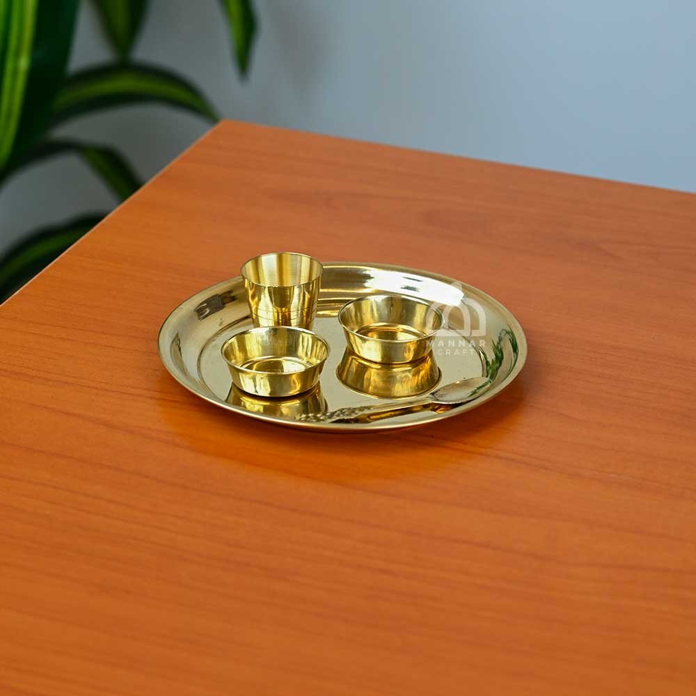 Brass Sheet Pooja Thali Set – 5 Piece Set including Pooja Plate, Bowls, Glass & Spoon