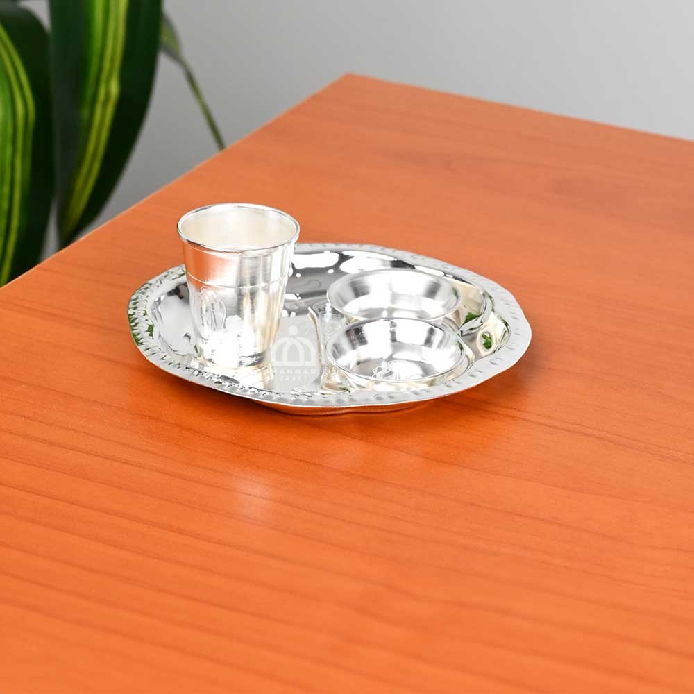 Brass Silver Plated Pooja Thali Set in Gift Window Box – Complete Puja Plate with Bowls, Spoon & Glass for Hindu Rituals, Diwali & Wedding Gifts
