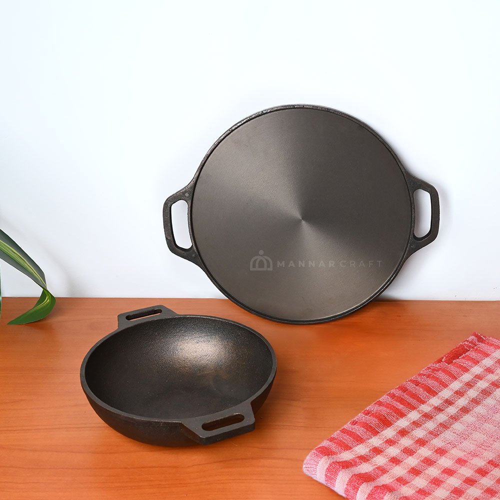 Pre-Seasoned Cast Iron Combo Set | 12-Inch Dosa Tawa & Double Handle Kadai | Non-Stick, Induction & Gas Compatible