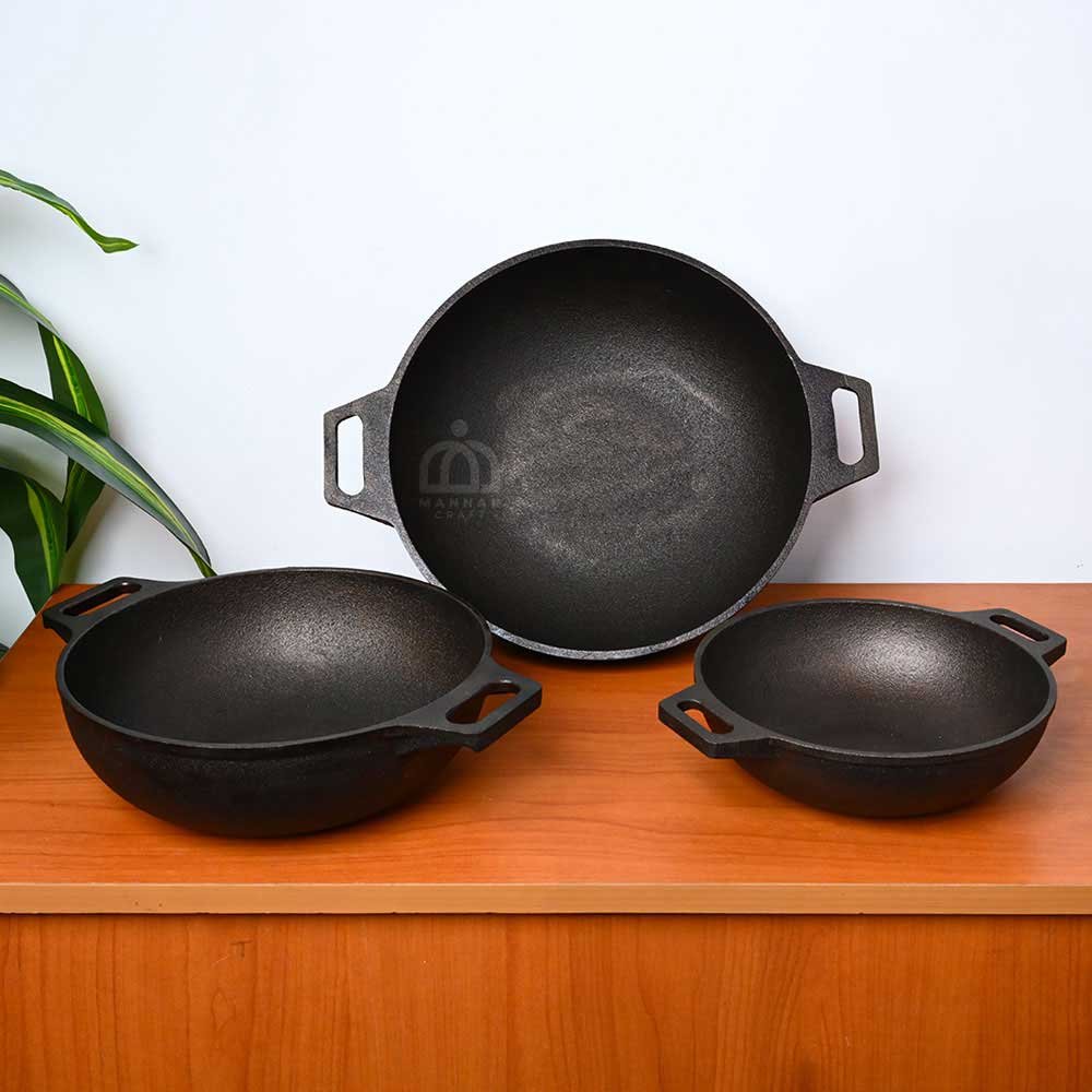 Pre-Seasoned Cast Iron Kadai Combo – 8, 10 & 12 Inch | Double Handle, Fine Finish, Durable Cookware