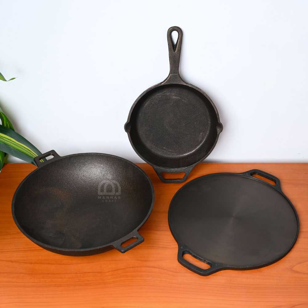 Pre-Seasoned Cast Iron Cookware Combo | 12-Inch Dosa Tawa, 12-Inch Wok Kadai & 10-Inch Skillet – Fine Finish Kitchen set