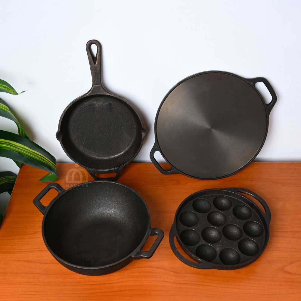 Pre-Seasoned Cast Iron Cookware Combo | 12-Inch Dosa Tawa, 10-Inch Deep Kadai, 12-Mould Paniyaram Pan & 10-Inch Skillet