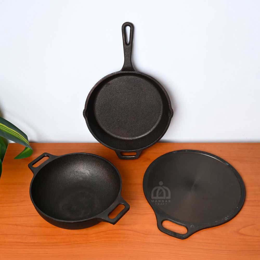 Pre-Seasoned Cast Iron Cookware Combo | 10-Inch Skillet, 10-Inch Double Handle Kadai & 12-Inch Dosa Tawa – Smooth Finish
