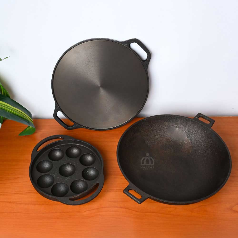 Pre-Seasoned Cast Iron Cookware Combo | 12-Inch Wok Kadai, 12-Inch Dosa Tawa & 9-Mould Paniyaram Pan – Smooth Finish