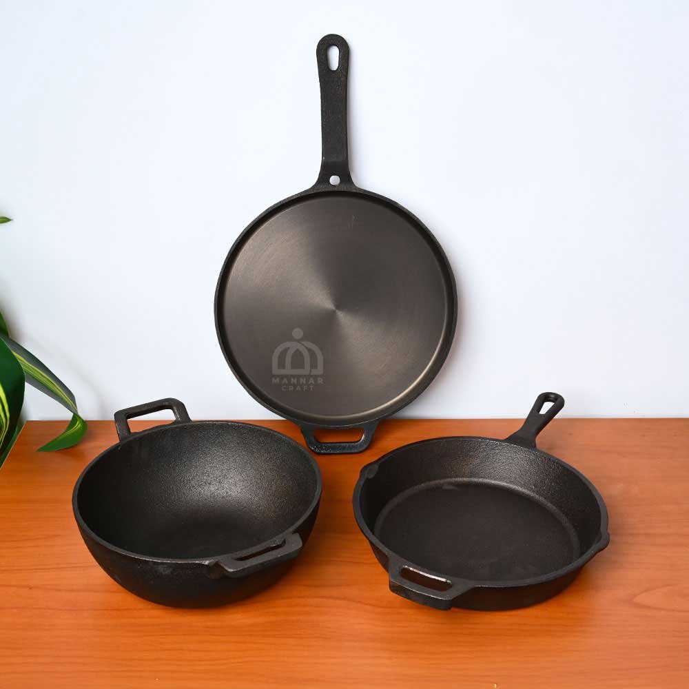 Pre-Seasoned Cast Iron Cookware Combo | 12-Inch Long Handle Dosa Tawa, 10-Inch Deep Kadai & 10-Inch Skillet – Traditional Cookware