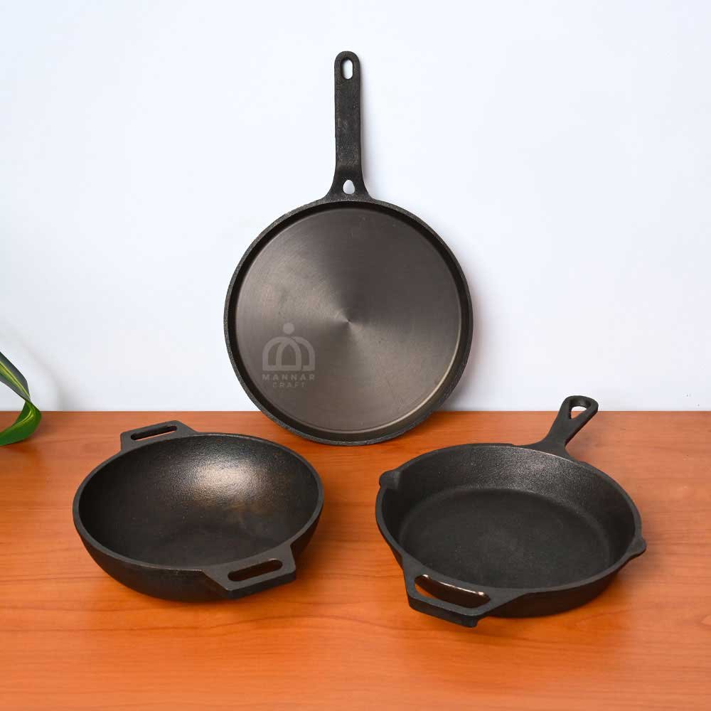 Pre-Seasoned Cast Iron Cookware Combo | 10-Inch Long Handle Dosa Tawa, 10-Inch Skillet & 8-Inch Kadai – Induction & Gas Compatible