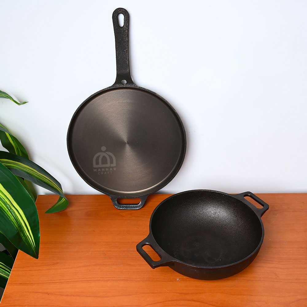 Pre-Seasoned Cast Iron Cookware Combo – 11.5 Inch Dosa Tawa & 10 Inch Double Handle Kadai | Traditional Healthy Cooking Set