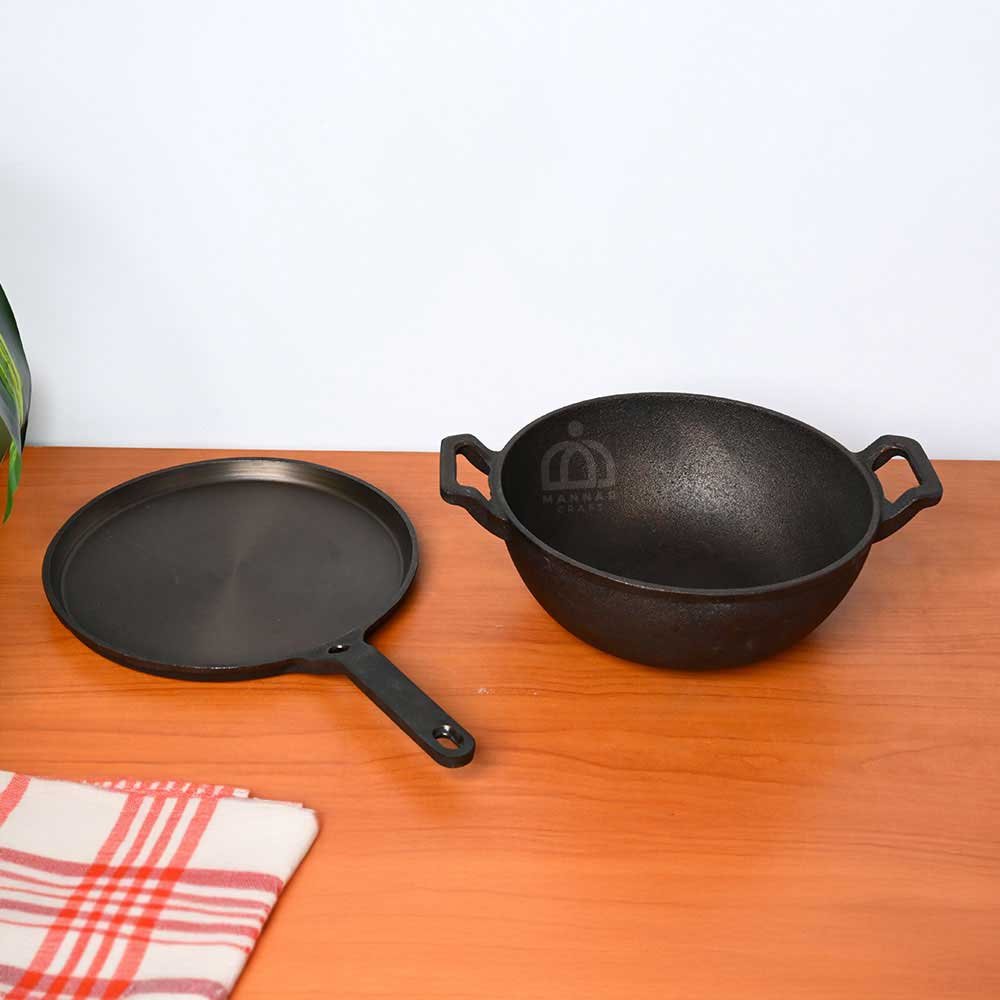 Pre-Seasoned Cast Iron Cookware Combo – 10 Inch Dosa Tawa & Extra Deep Double Handle Kadai | Healthy Traditional Cooking