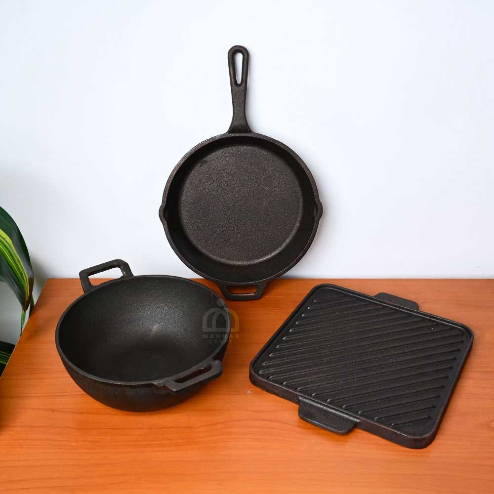 Pre-Seasoned Cast Iron Cookware Combo – 10.5” Reversible Griddle Pan, 10” Skillet & 10” Deep Kadai | Healthy & Durable Set