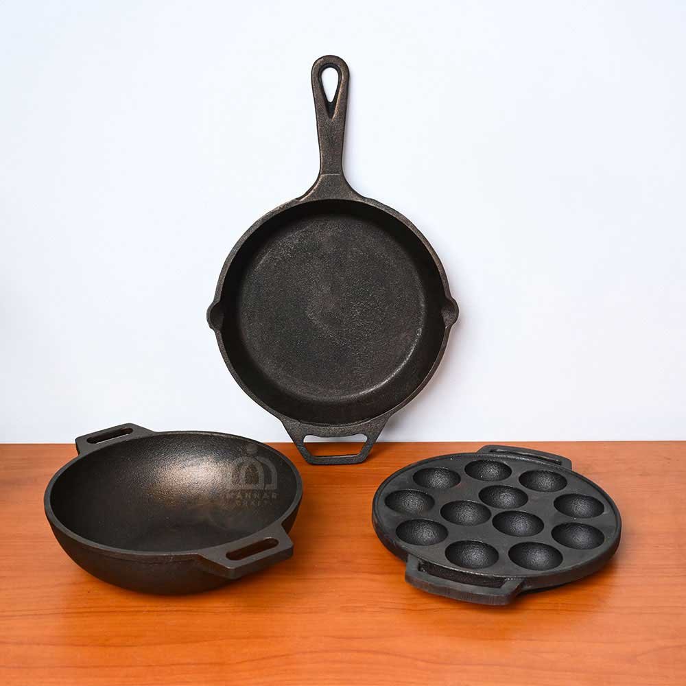 Pre-Seasoned Cast Iron Cookware Combo – 12 Mould Paniyaram Pan, 10” Skillet & 8” Double Handle Kadai | Induction Friendly & Non-Toxic