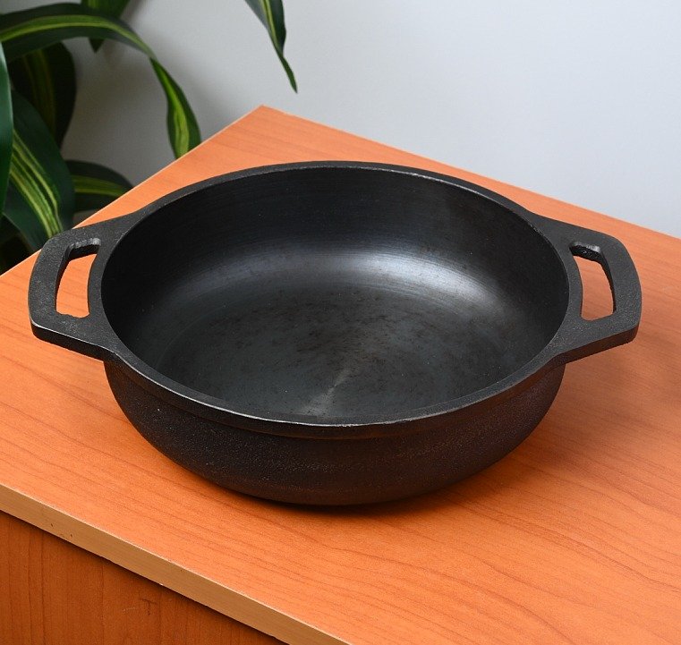 Pre-Seasoned Cast Iron Double Handle Kadai – 10 Inch Flat Base | Traditional Healthy Cookware Without Lid
