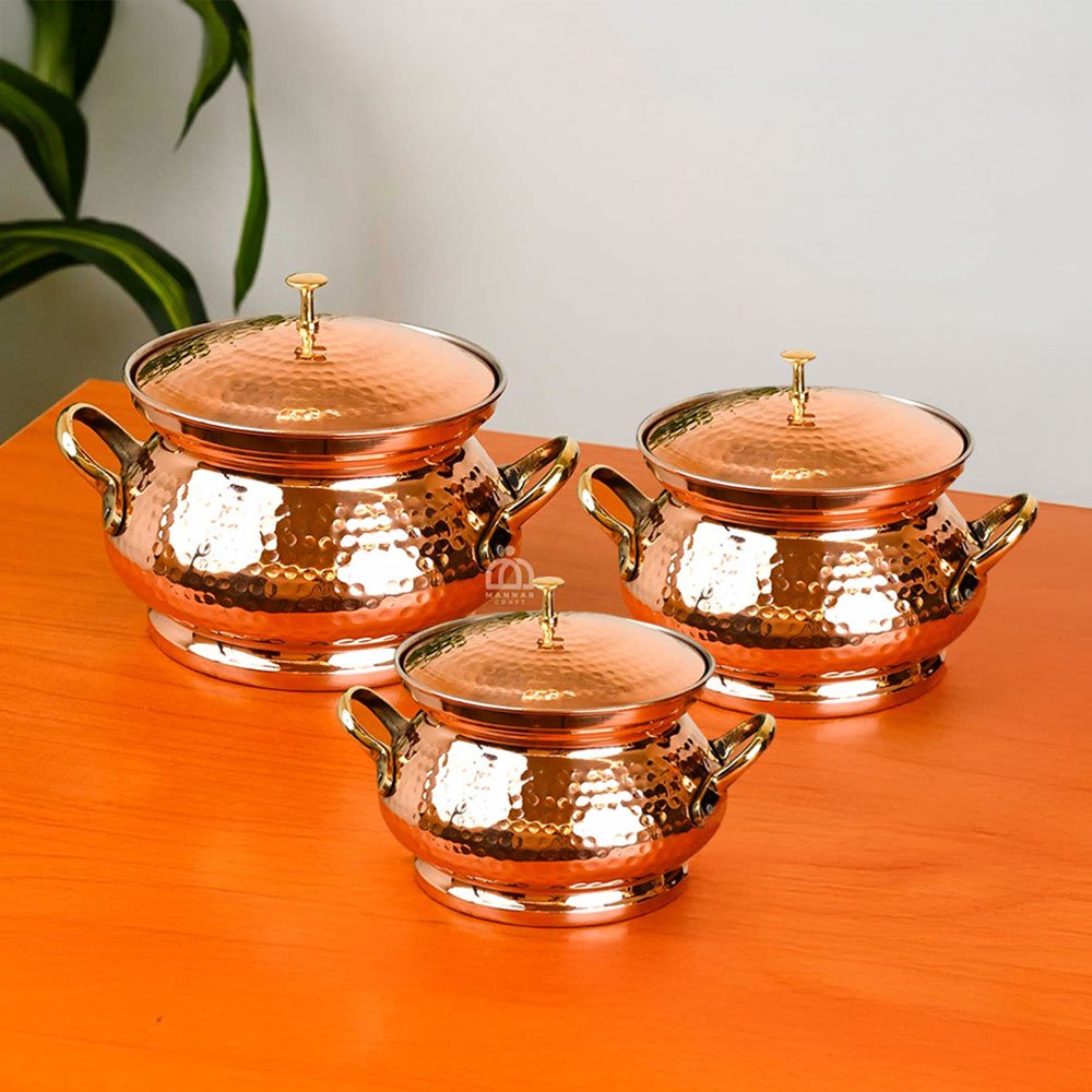 Premium Copper Serving Handi Set with Lid – Set of 3 | Tin-Coated Traditional Serveware by Mannar Craft