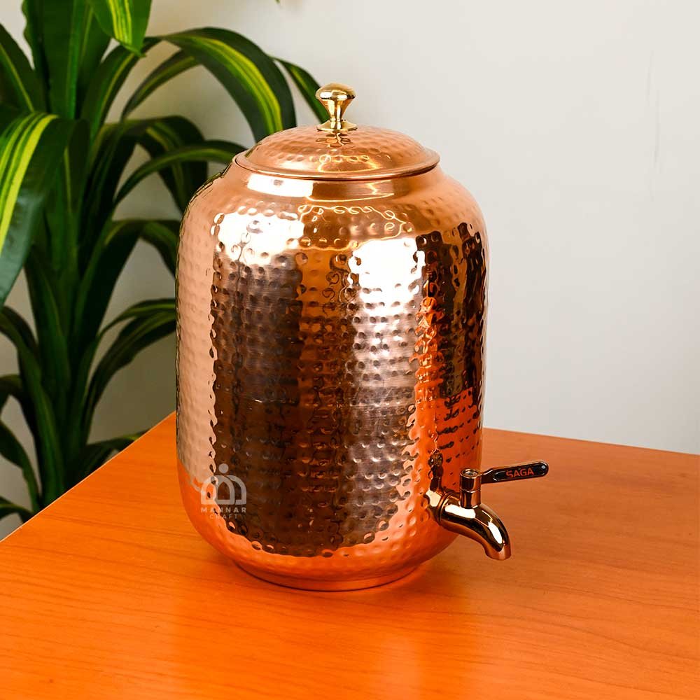 8 Litre Pure Copper Water Dispenser with Tap | Ayurvedic Copper Water Pot for Home & Office by Mannar Craft