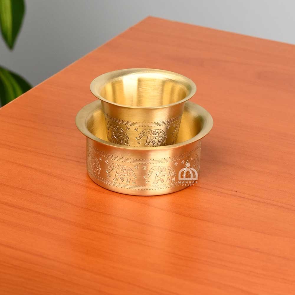 Brass Tumbler & Davara Set – Matt Finish with Engraved Elephant Design | Traditional South Indian Brass Coffee Set