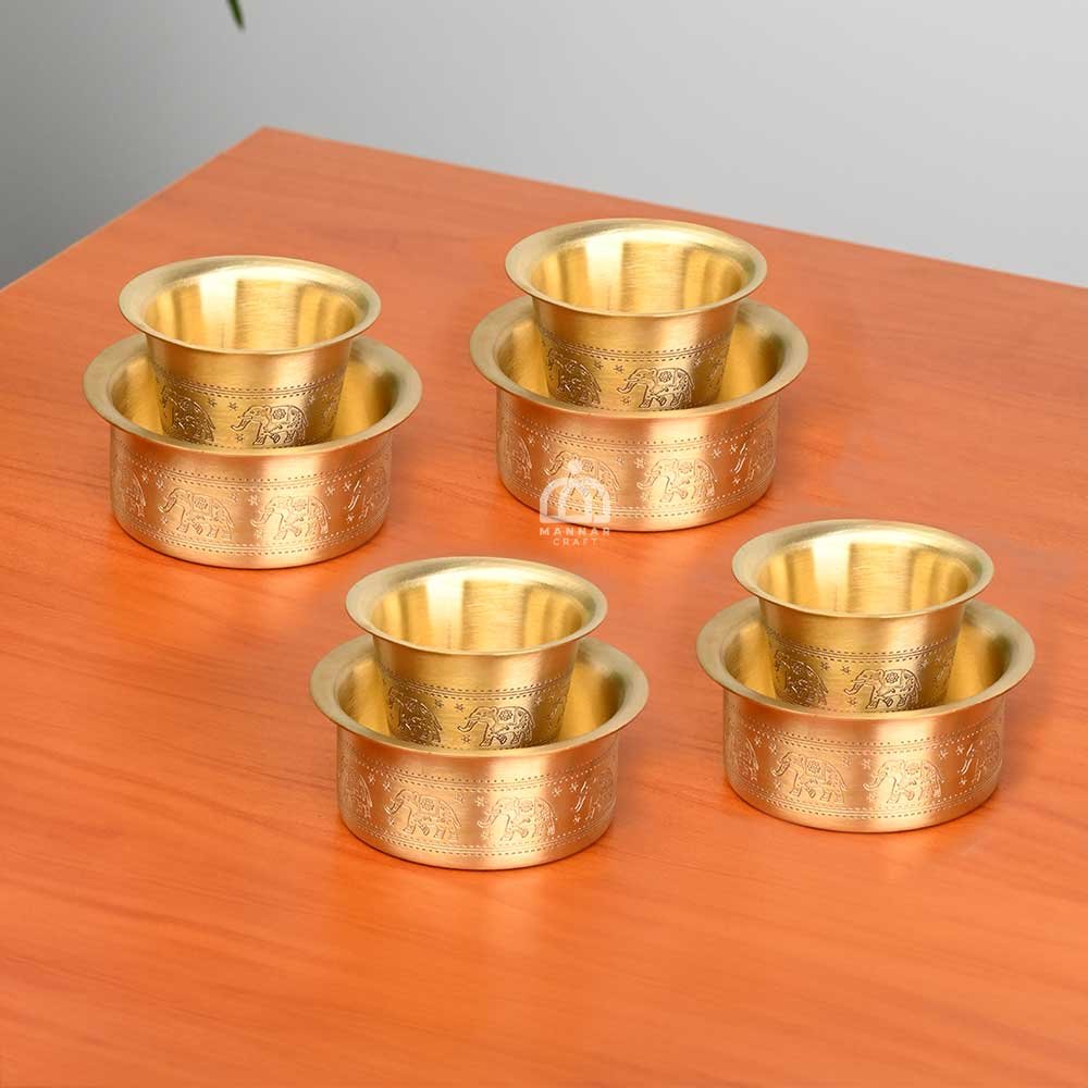 Brass Tumbler & Davara Set of 4 – Matt Finish, Engraved Elephant Design | Traditional South Indian Coffee Set