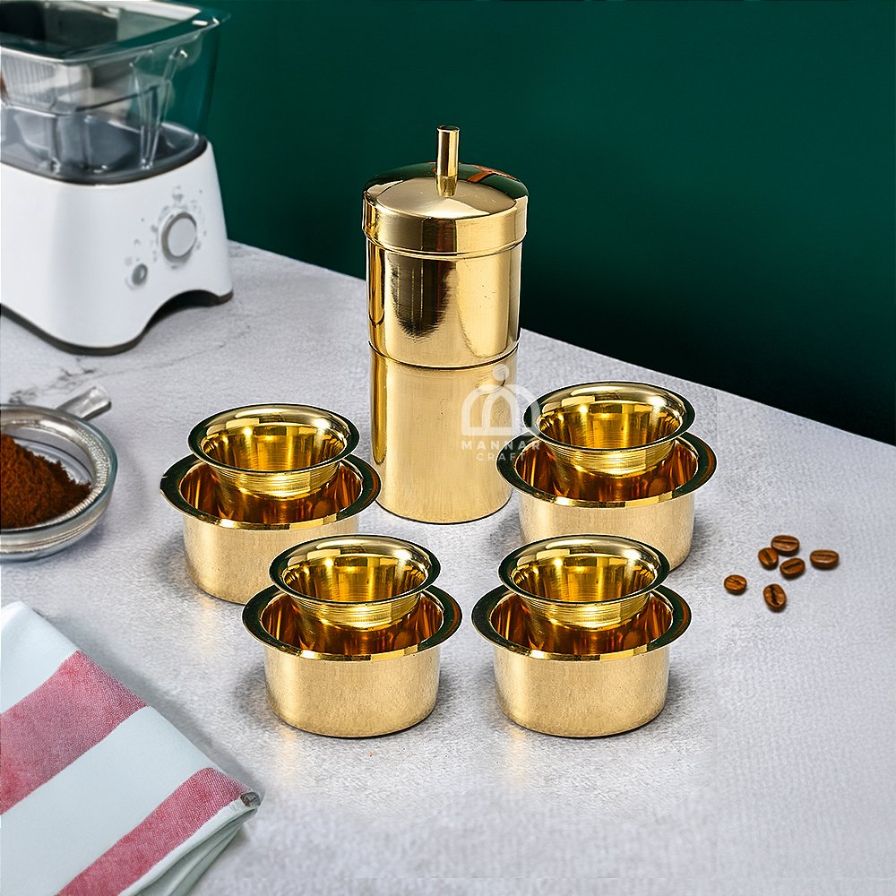 Pure Brass 4-Cup South Indian Filter Coffee Maker with Dabara Set (120ml) – Traditional Polished Brass Coffee Experience