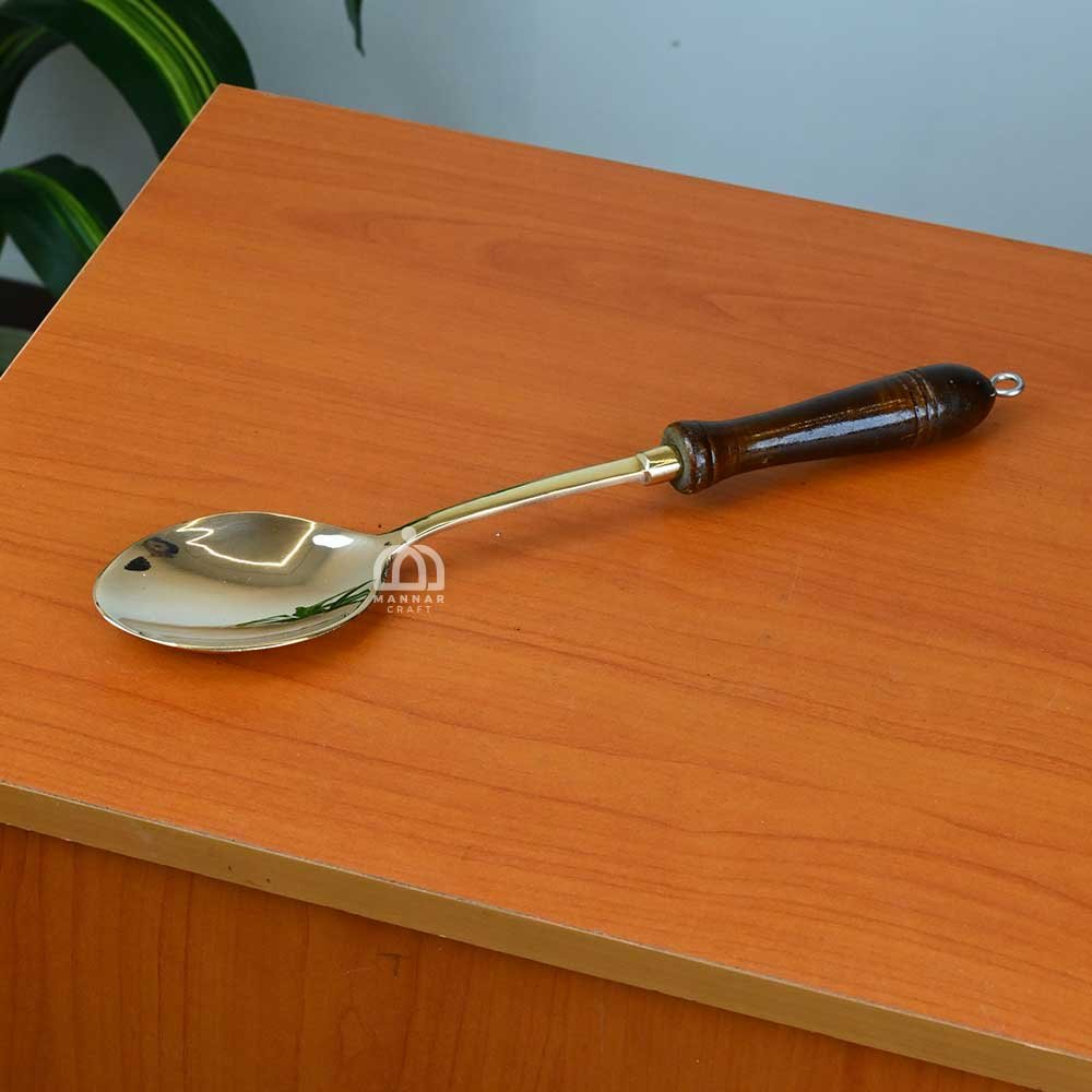 Brass Cooking & Serving Spoon with Wooden Handle – Polished Brass Ladle for Kitchen & Dining (13.7 Inch)