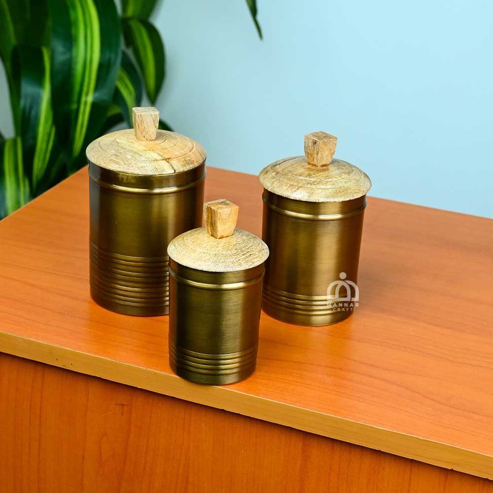 Antique Finish Brass Coffee Canister Set with Wooden Lid – Traditional Storage Jars for Coffee & Tea