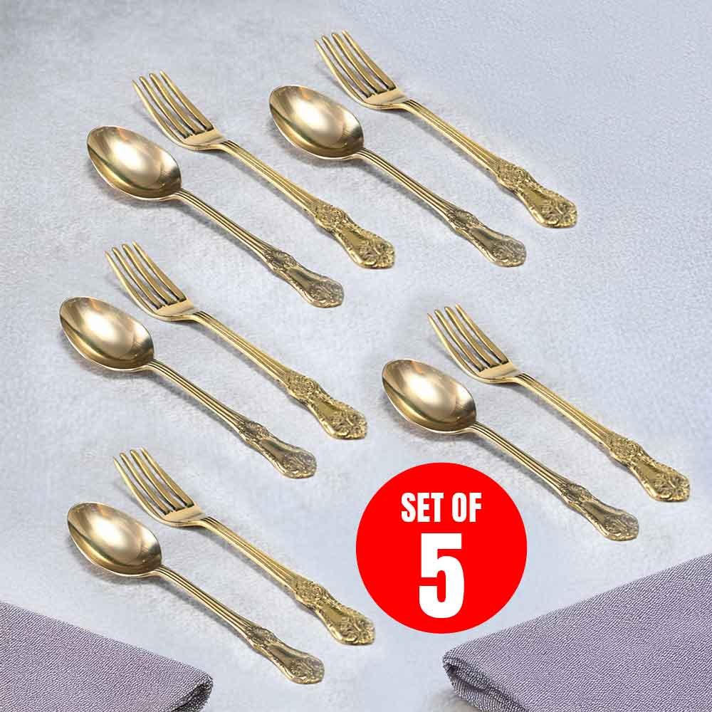 Luxury Handcrafted Golden Brass Cutlery Set – 5 Spoons & 5 Forks | Elegant Dining Set