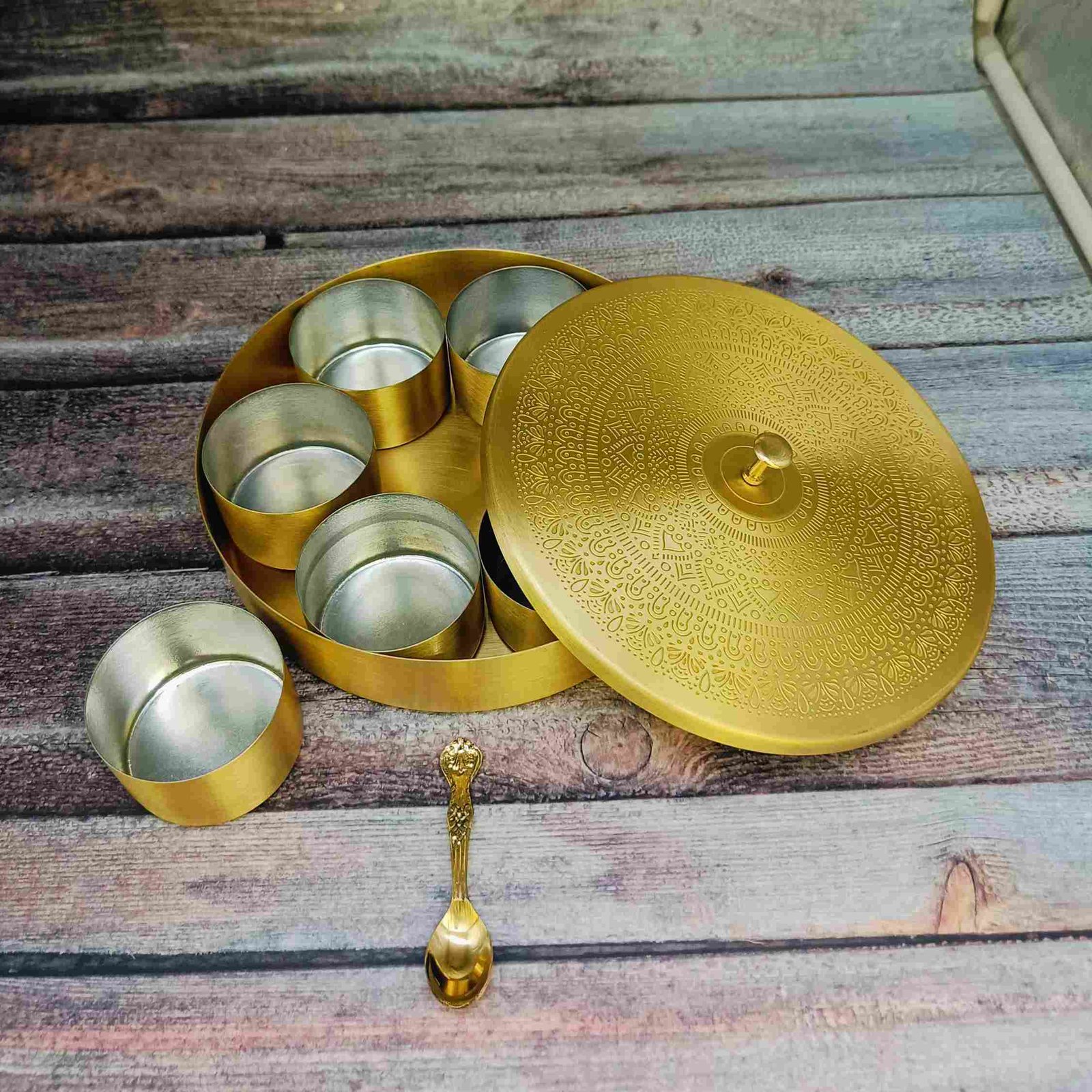 Handcrafted Brass Etched Masala Daani – 8 Inch Traditional Spice Box with Lid, 7 Tin-Coated Containers & Spoon