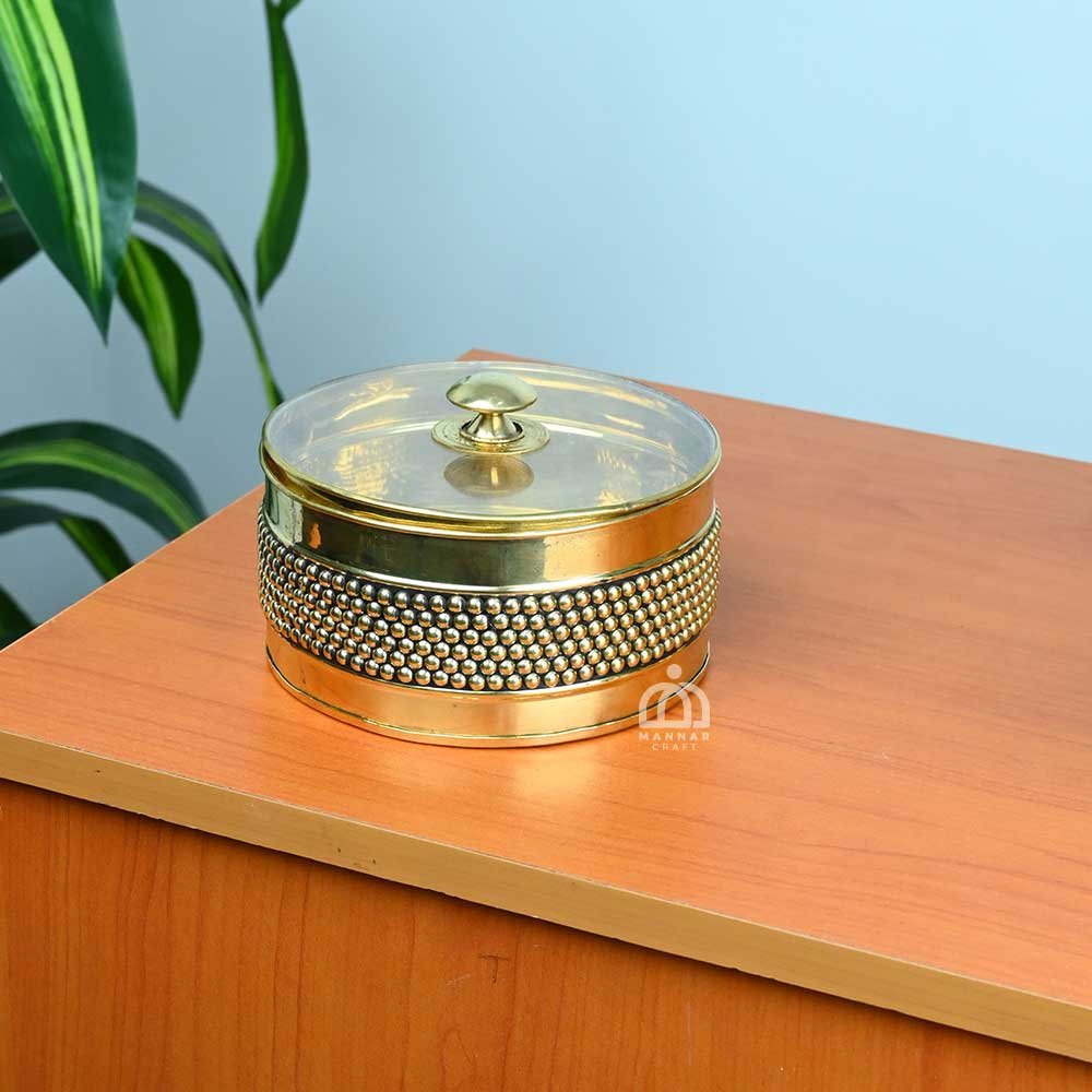 Brass Storage Box with Embossed Beaded Design & Transparent Lid – Decorative Brass Container for Dry Fruits, Sweets & Festive Gifting