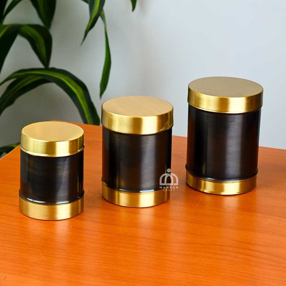 Handcrafted Brass Combo Set of 3 – Antique Finish Kitchen Storage Boxes for Flour, Spices & Pulses