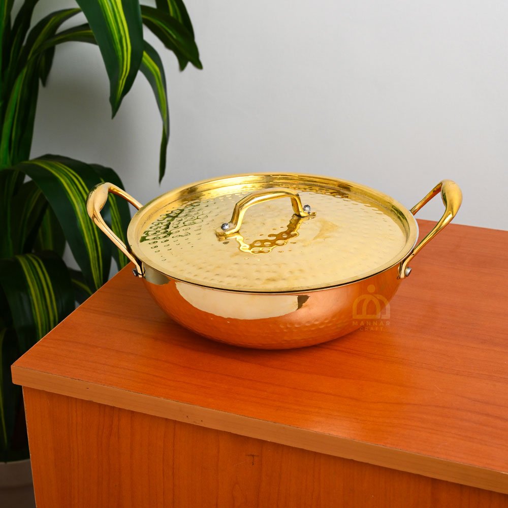 Handcrafted Pure Brass Hammered Kadai with Lid | Tin Coated Inner Surface | Traditional Kalai Cookware - 2 Litre